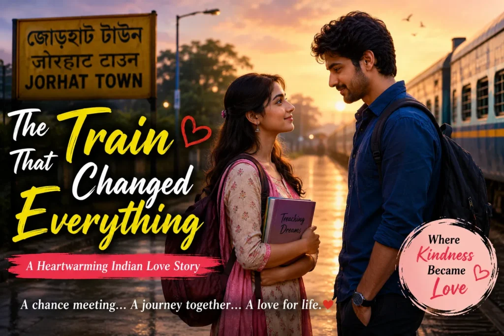 Romantic thumbnail featuring an Indian couple standing face-to-face at Jorhat Railway Station during a golden sunset. The woman holds books while smiling at the man, who carries a backpack. A train is visible on the platform, creating a warm and cinematic atmosphere. Large title text reads “The Train That Changed Everything,” with the subtitle “A Heartwarming Indian Love Story.” The station sign displays “যোৰহাট (Jorhat)” in Assamese, highlighting the Assamese setting and the story’s theme of love born from a chance meeting.