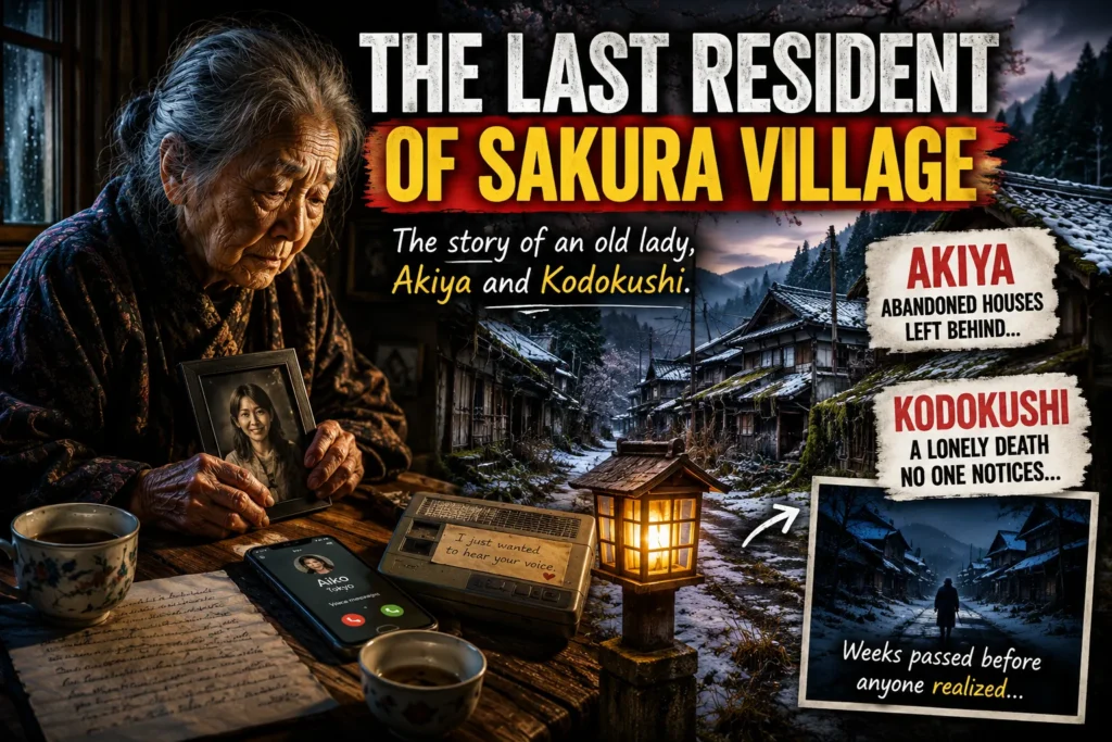 An emotional YouTube thumbnail showing an elderly Japanese woman sitting alone inside a traditional village house, holding a framed photo of her daughter. A phone displaying a missed call rests on a wooden table beside two cups of tea and an old voice recorder. Outside, a deserted Japanese village lined with abandoned Akiya houses stretches into the distance. A glowing lantern illuminates the dark street, symbolizing hope amid loneliness. Large text references the last resident of Sakura Village, Kodokushi, and the tragedy of a lonely death. The scene conveys isolation, aging, family separation, and the decline of rural Japan.