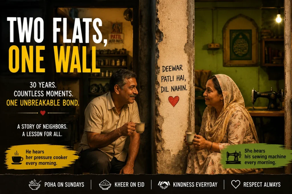 Cinematic thumbnail of two neighboring families separated by a thin wall in a Mumbai chawl, symbolizing friendship, kindness, and unity despite political and religious differences.