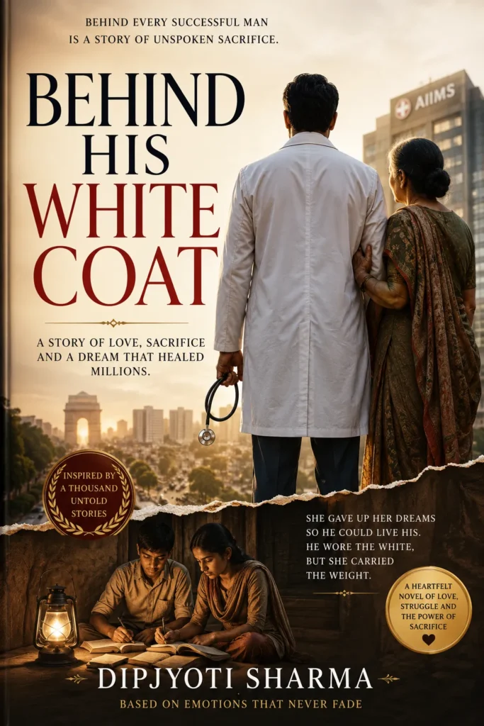 Book cover of Behind His White Coat by Dipjyoti Sharma featuring a doctor in a white coat standing beside his mother outside a hospital, with a flashback of two students studying under a lantern, symbolizing love, sacrifice, and the journey to becoming a doctor.